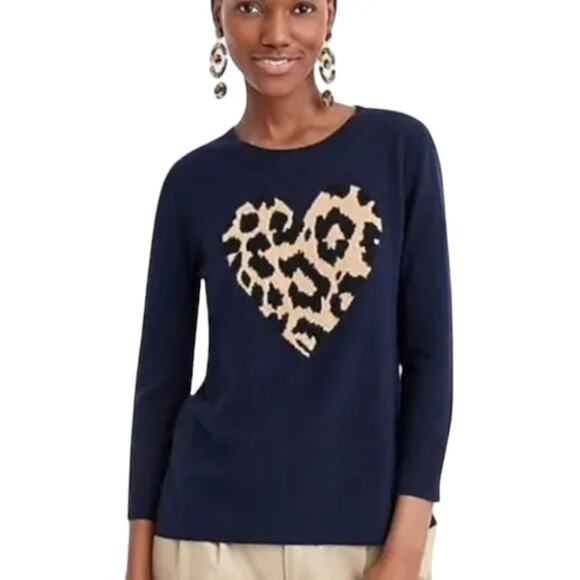 J. Crew Everyday Pure Cashmere Crewneck Sweater with Leopard Heart Blue Size S - Picture 1 of 12